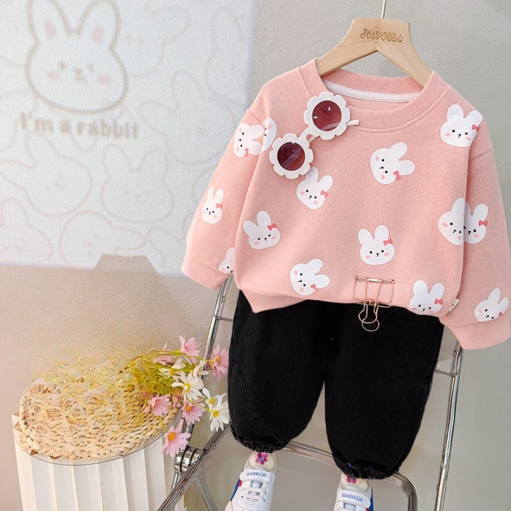 Pink Kitty Graphic Sweatshirt & Black Trousers Kids Tracksuit (RO-05)