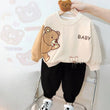 Off White Cute Bear Printed Sweatshirt with Black Trousers Tracksuit For Kids