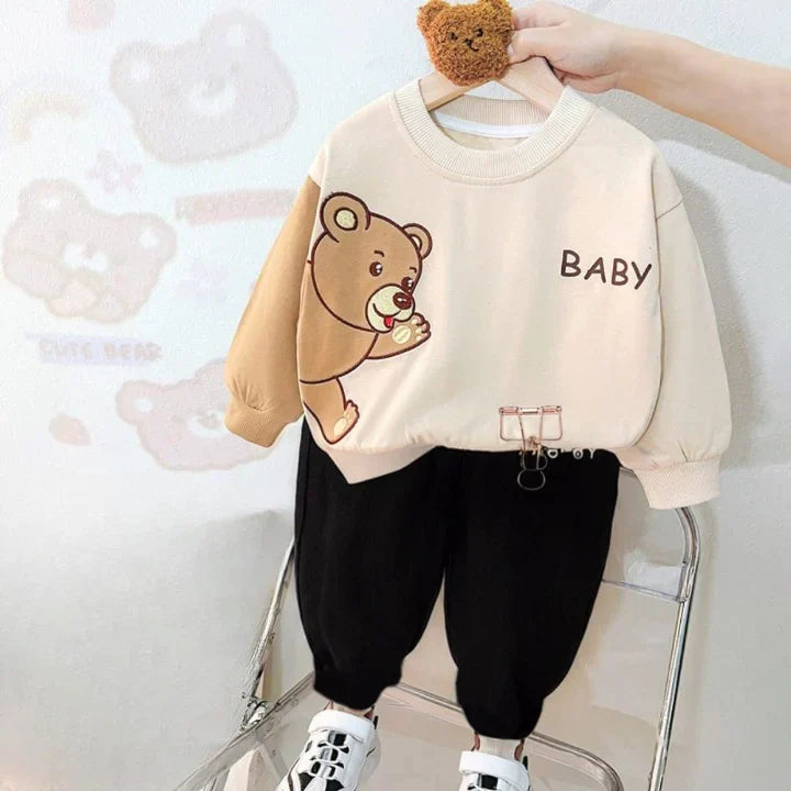 Off White Cute Bear Printed Sweatshirt with Black Trousers Tracksuit For Kids