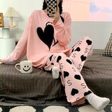 Pink Dual Heart Print With Heart Printed Trouser Full Sleeves Night Suit