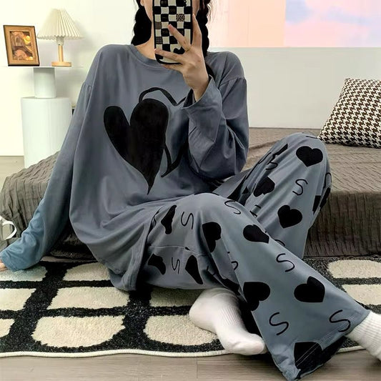 Grey Dual Heart Print With Heart Printed Trouser Full Sleeves Night Suit
