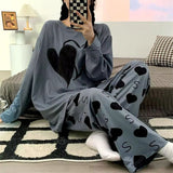 Grey Dual Heart Print With Heart Printed Trouser Full Sleeves Night Suit