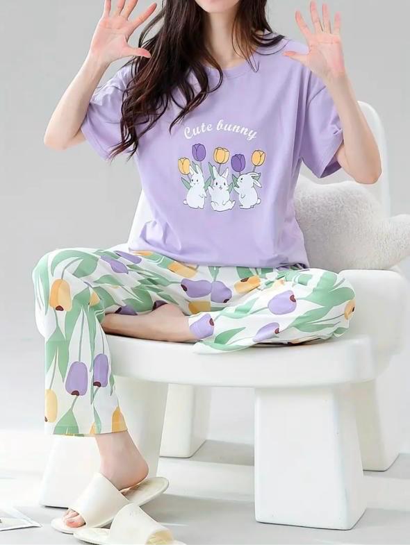 Lilac Bunny Printed Half Sleeves Night Suit