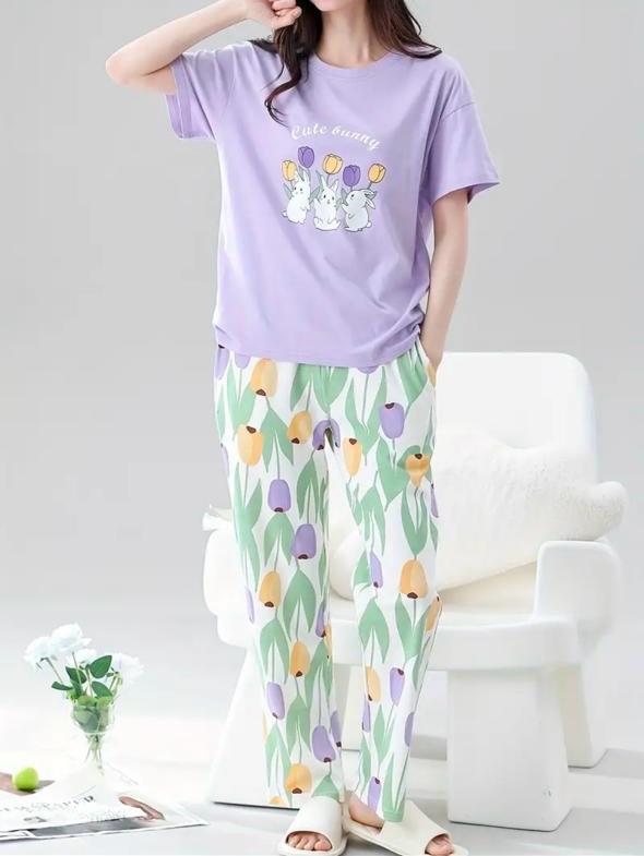 Lilac Bunny Printed Half Sleeves Night Suit