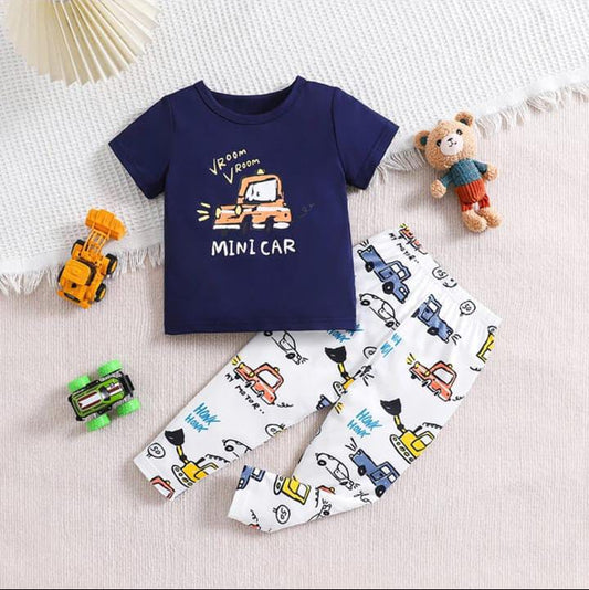 Navy Blue Mini Car with White pajama Printed Kids Night Suit (RB-415)