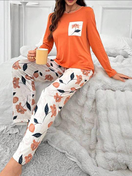 Floral Print Pocket Patched Long Sleeve Tee & Pant PJ Set