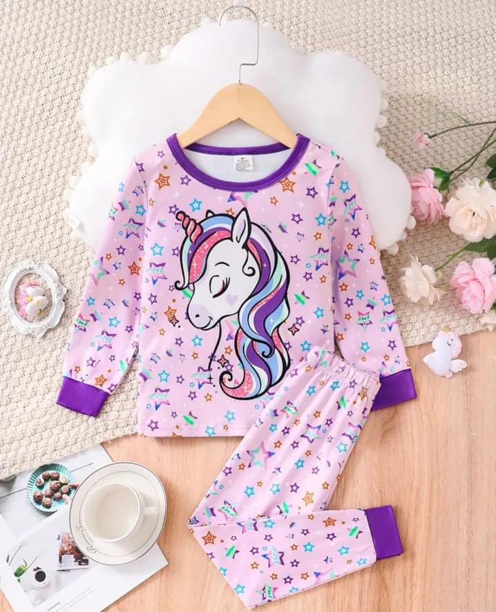 Purple Unicorn with stars Printed Kids Night Suit
