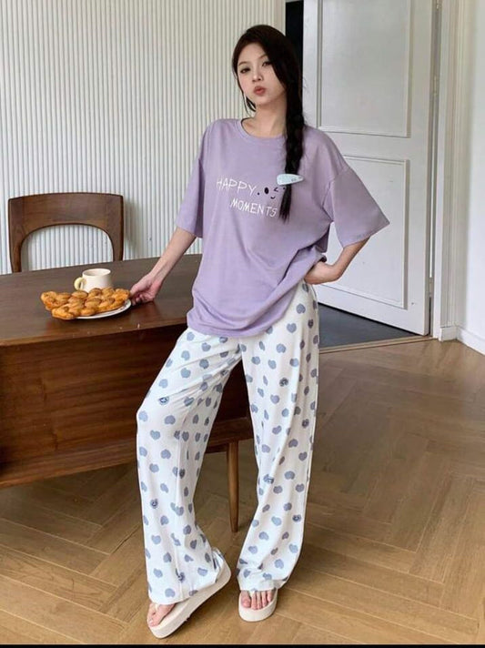 Lilac Happy Moments Printed T.shirt with Hearts Printed Trouser – Soft Feel, Cute Vibe