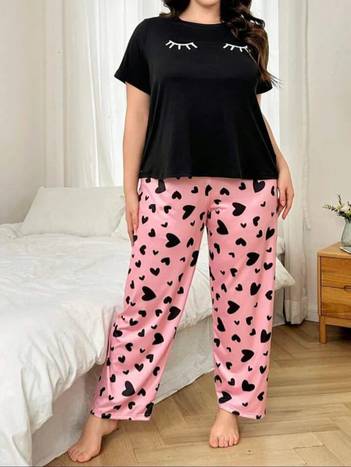 Black Sleepy Eyes Printed T.shirt with Hearts printed trouser – Soft Feel, Cute Vibe