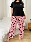 Black Sleepy Eyes Printed T.shirt with Hearts printed trouser – Soft Feel, Cute Vibe