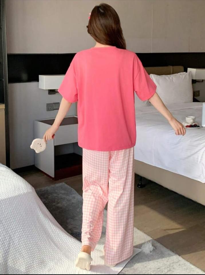 Pink Juices Printed Tshirt with Check Printed Trouser– Soft Feel, Cute Vibe