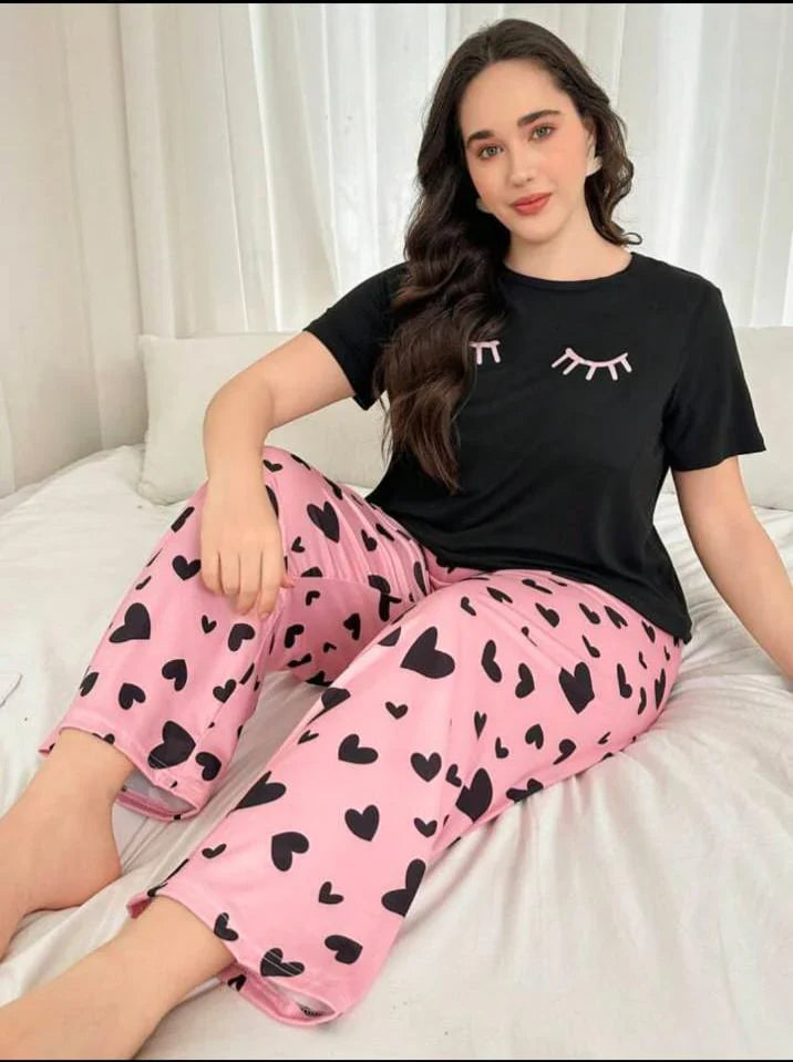 Black Sleepy Eyes Printed T.shirt with Hearts printed trouser – Soft Feel, Cute Vibe