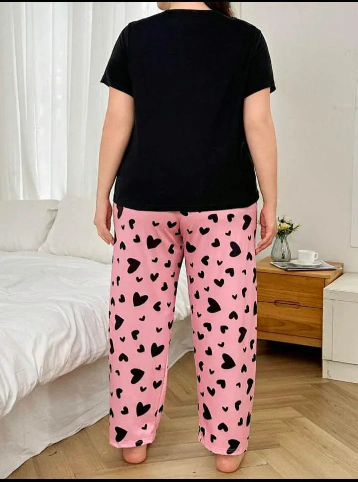 Black Sleepy Eyes Printed T.shirt with Hearts printed trouser – Soft Feel, Cute Vibe