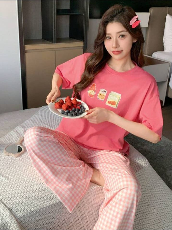 Pink Juices Printed Tshirt with Check Printed Trouser– Soft Feel, Cute Vibe
