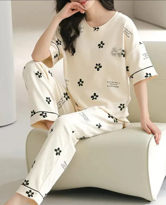 Off white Black all over flowers Print Half Sleeves – Soft Feel, Cute Vibe