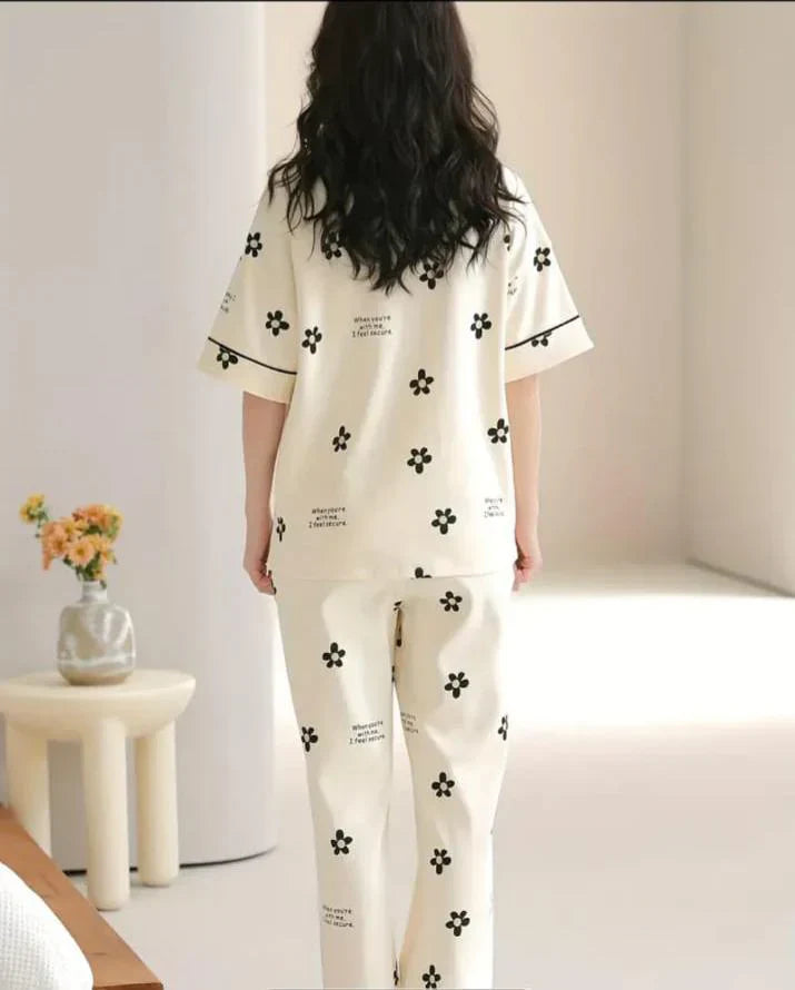Off white Black all over flowers Print Half Sleeves – Soft Feel, Cute Vibe