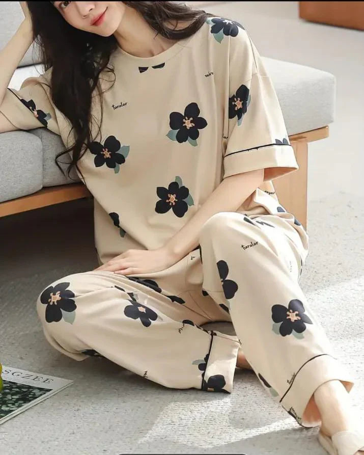 Brown Big Black All Over Flowers Print Half Sleeves – Soft Feel, Cute Vibe