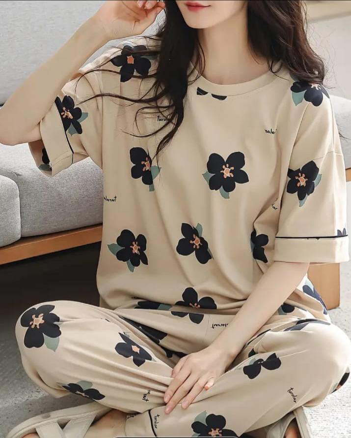 Brown Big Black All Over Flowers Print Half Sleeves – Soft Feel, Cute Vibe