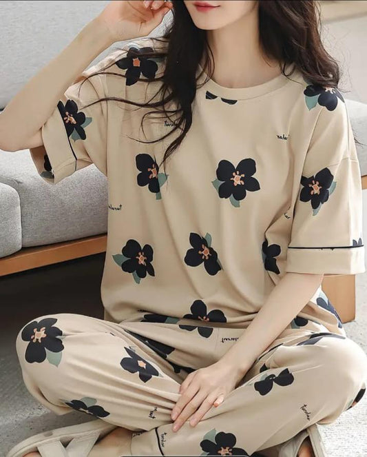 Brown Big Black All Over Flowers Print Half Sleeves – Soft Feel, Cute Vibe