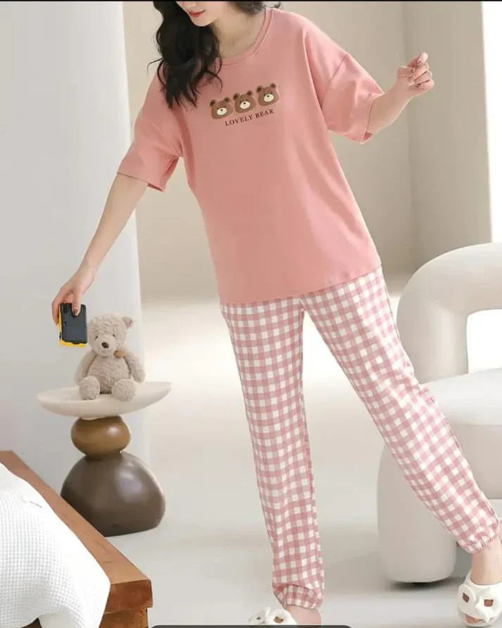 Pink Lovely 3 Bears Print Half Sleeves – Soft Feel, Cute Vibe