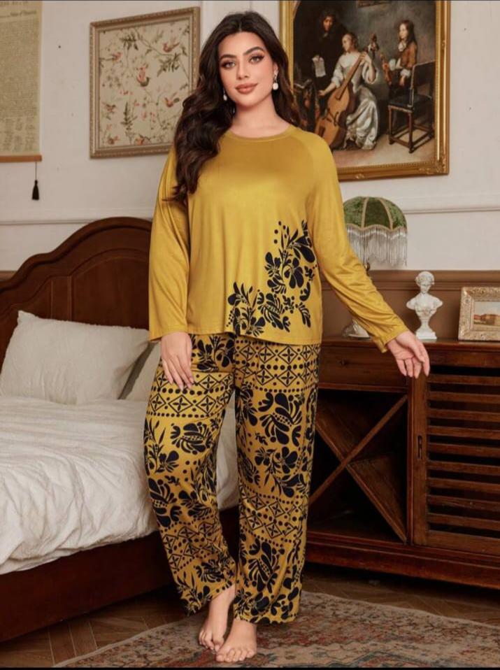 Yellow Floral Print Full Sleeves with floral Printed pajama  – Soft Feel, Cute Vibe