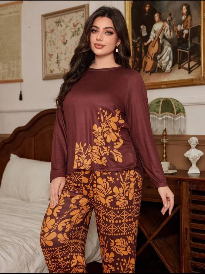 Dark Maroon Floral Print Full Sleeves with floral Printed pajama – Soft Feel, Cute Vibe
