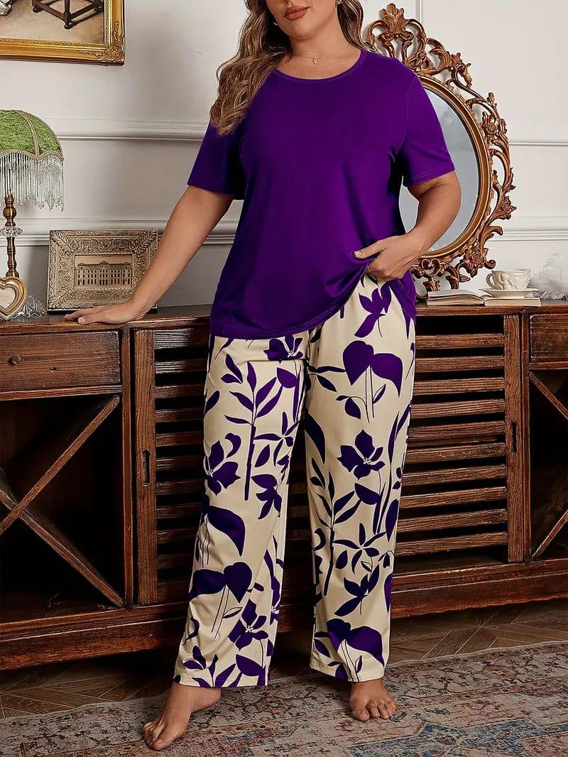 Purple Plain Half Sleeves with floral Printed pajama Night Sui t– Soft Feel, Cute Vibe