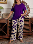 Purple Plain Half Sleeves with floral Printed pajama Night Sui t– Soft Feel, Cute Vibe