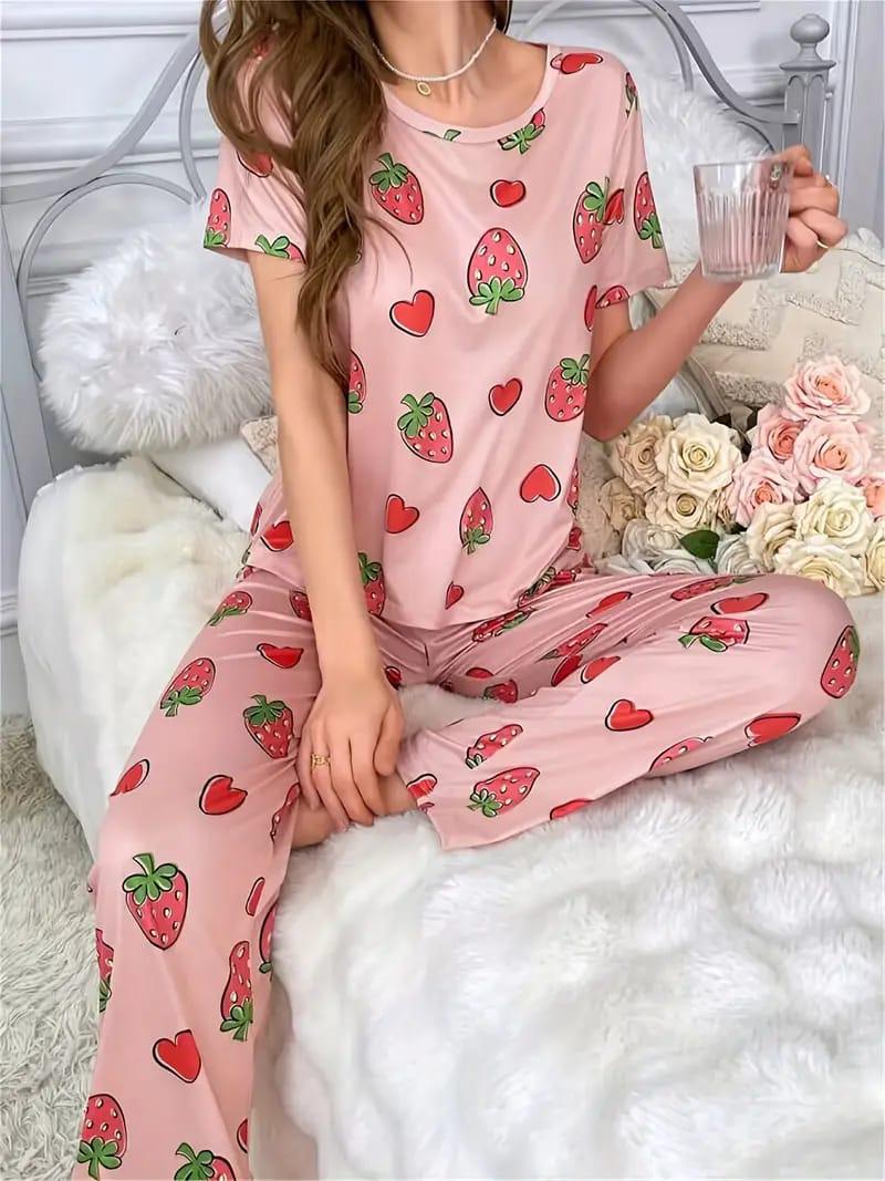 Pink All over Strawberry Half Sleeves with Printed pajama – Soft Feel, Cute Vibe