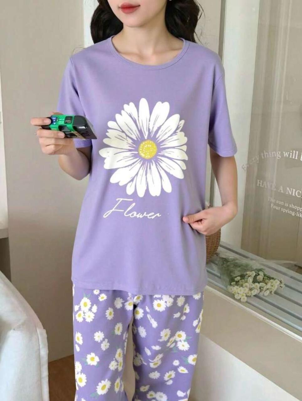 Lilac Sun Flowers Printed Half Sleeves Night Suit – Soft Feel, Cute Vibe