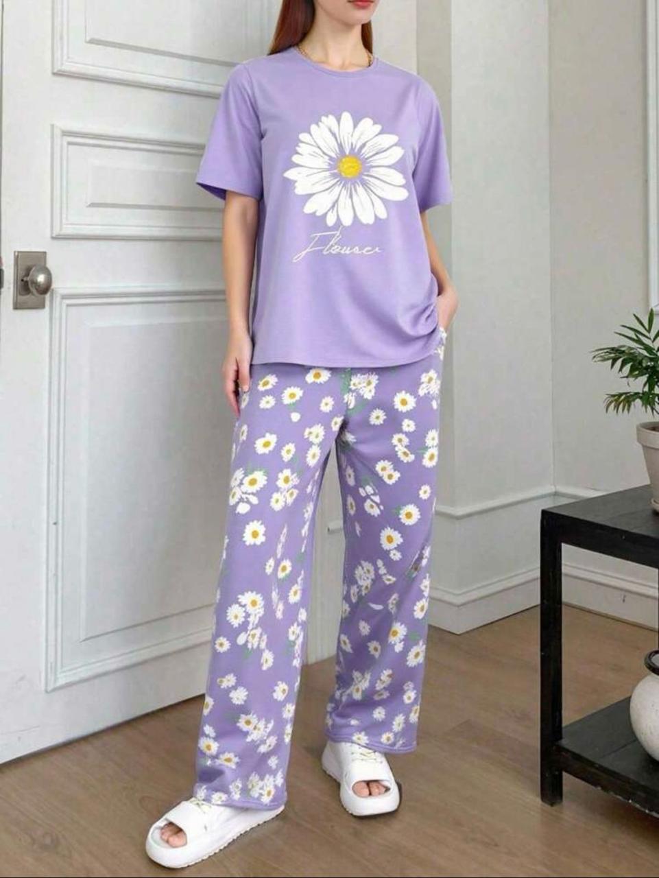 Lilac Sun Flowers Printed Half Sleeves Night Suit – Soft Feel, Cute Vibe