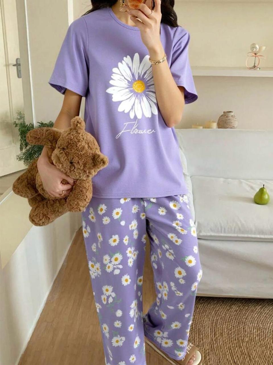 Lilac Sun Flowers Printed Half Sleeves Night Suit – Soft Feel, Cute Vibe