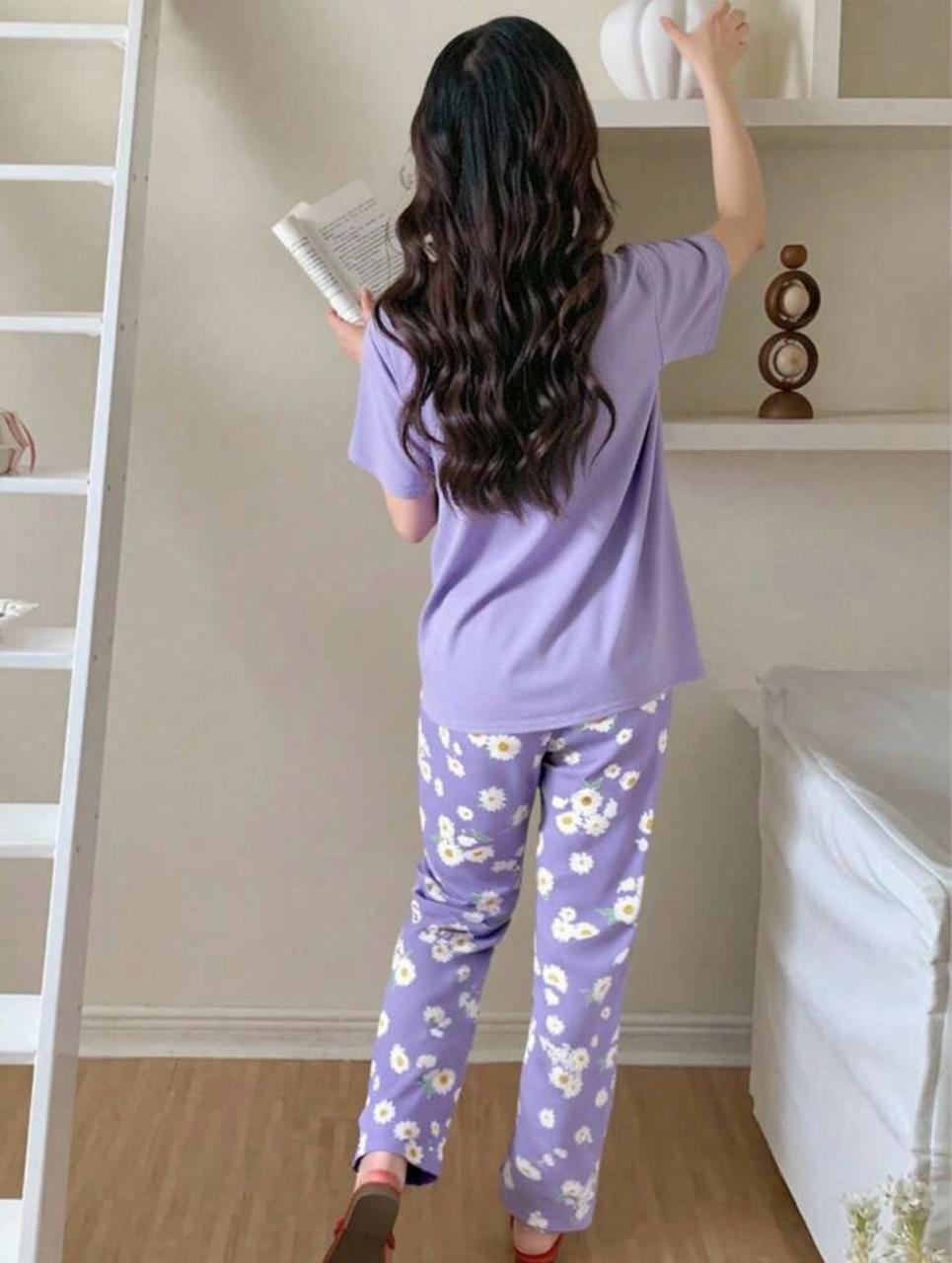 Lilac Sun Flowers Printed Half Sleeves Night Suit – Soft Feel, Cute Vibe