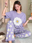 Lilac Sun Flowers Printed Half Sleeves Night Suit – Soft Feel, Cute Vibe