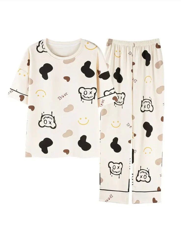 Off White Multi Monster Bear Half Sleeves Printed Night Suit – Soft Feel, Cute Vibe