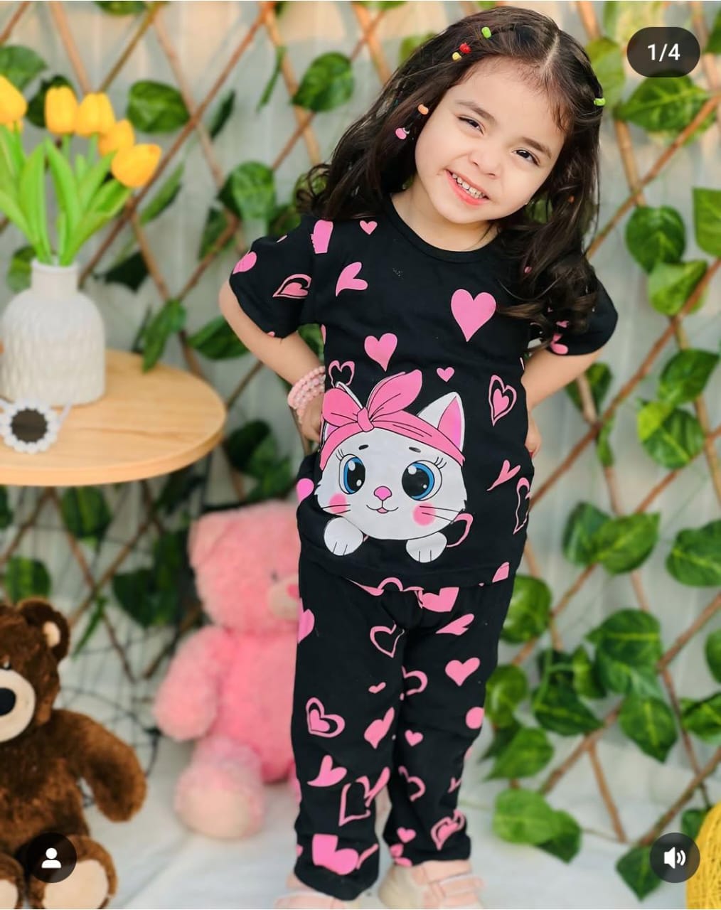 Black Kitty With Pink Hearts Print Kids Night Suit (RB-411)