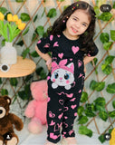 Black Kitty With Pink Hearts Print Kids Night Suit (RB-411)