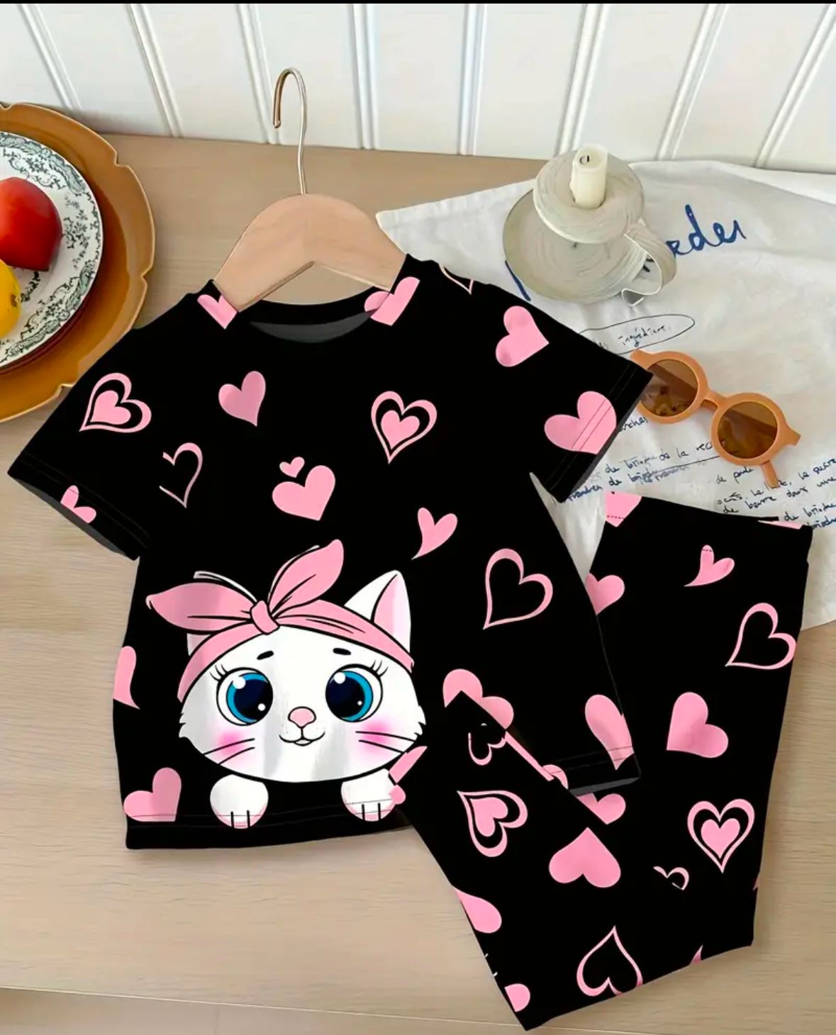 Black Kitty With Pink Hearts Print Kids Night Suit (RB-411)
