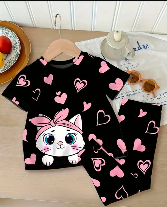 Black Kitty With Pink Hearts Print Kids Night Suit