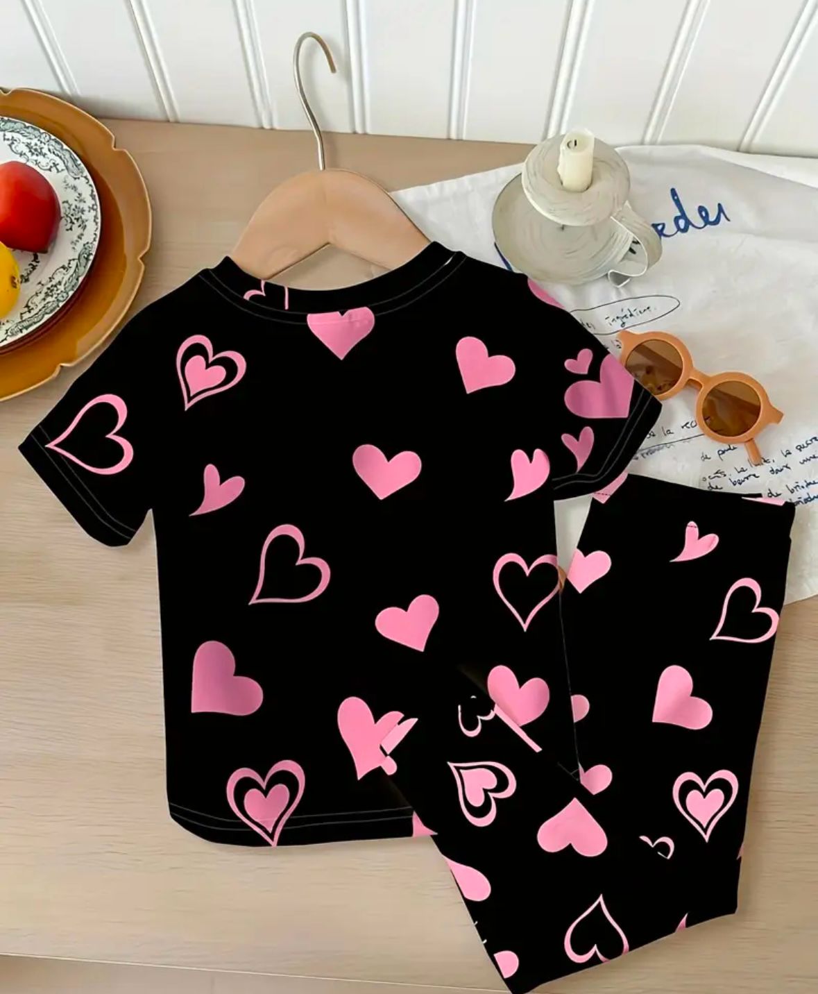Black Kitty With Pink Hearts Print Kids Night Suit (RB-411)