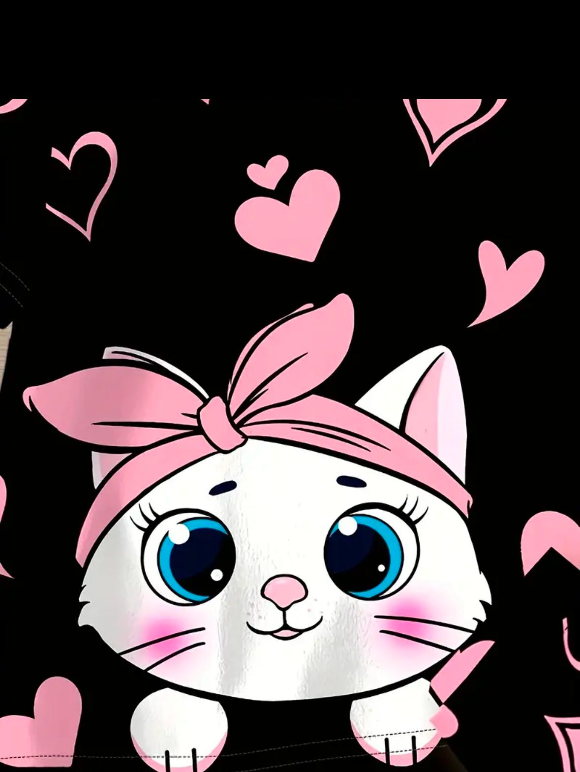 Black Kitty With Pink Hearts Print Kids Night Suit (RB-411)