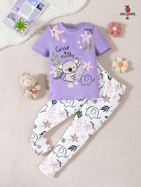 "Girls' Koala & Elephant Nightwear Set – Lavender Top & Printed Pajama (RB-021)