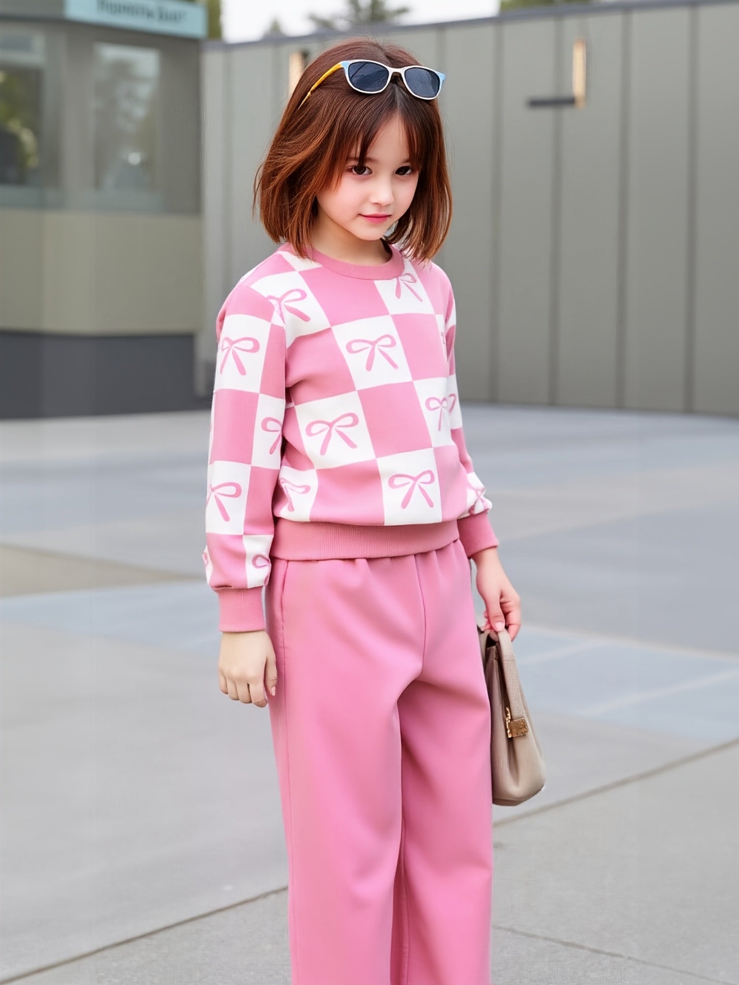 Pink Checkered Bow with Pink Pajama Kids Track suit