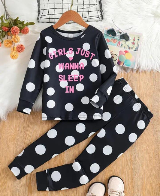 Black Polka Dot wanna sleep Printed Kids Night Suit(RB-412)