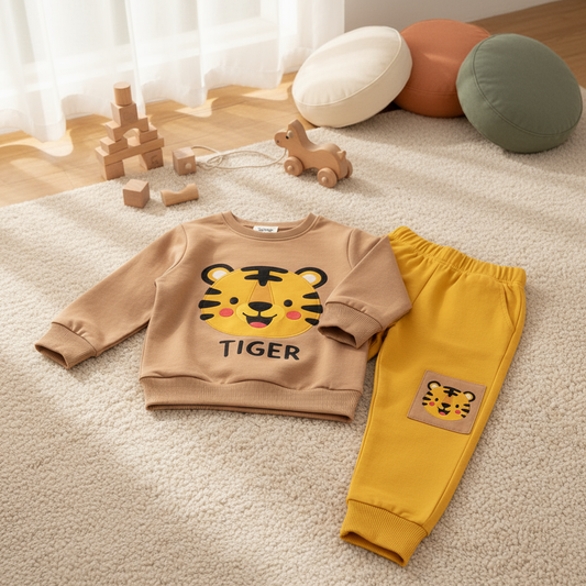Brown Tiger Print Sweatshirt With Yellow Trouser For Kids in a stunning setting