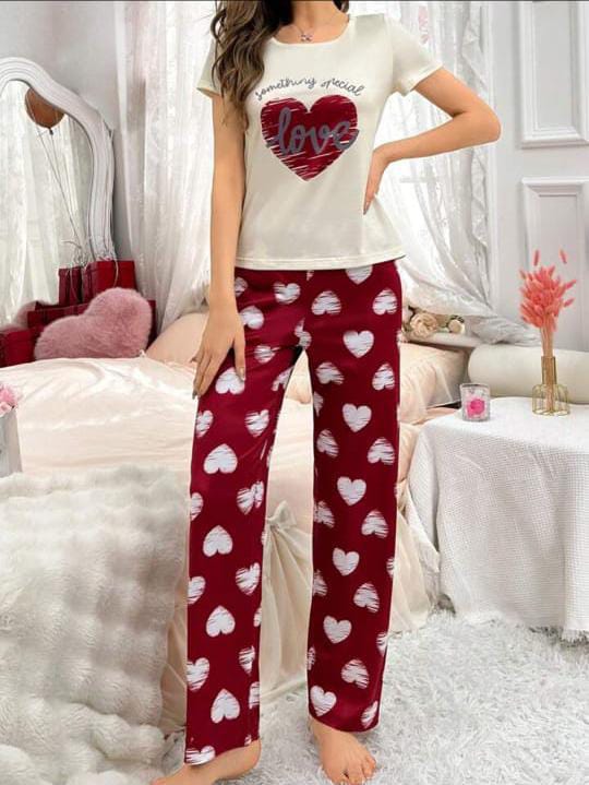 Cozy Love – Maroon Heart Printed Nightwear