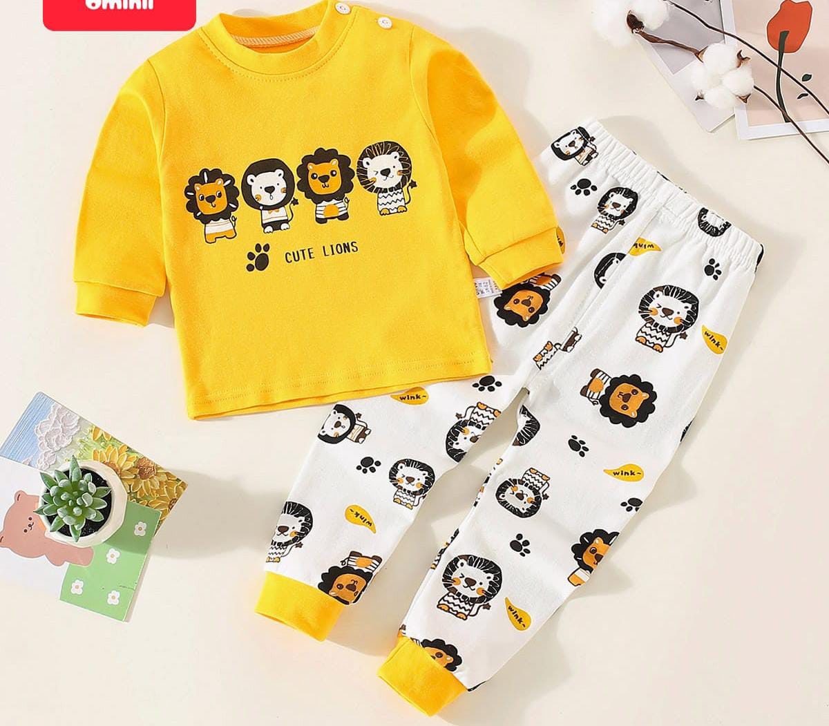 Yellow Cute Lions Printed Kids Night Suit