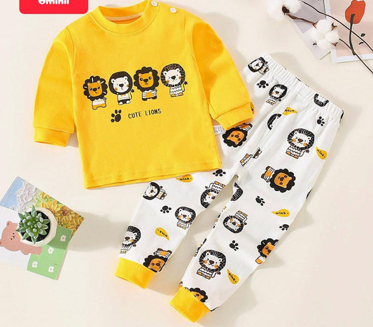 Yellow Cute Lions Printed Kids Night Suit