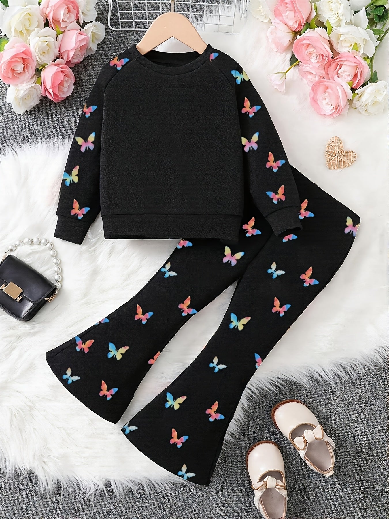 Black All Over Butterfly with Butterfly Printed pajama Little Trendsetter Stylish Winter Girls Tracksuit
