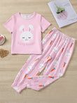 Girls' Cute Rabbit Print Pink Pajama Set – Short Sleeve Top & Full-Length Pants